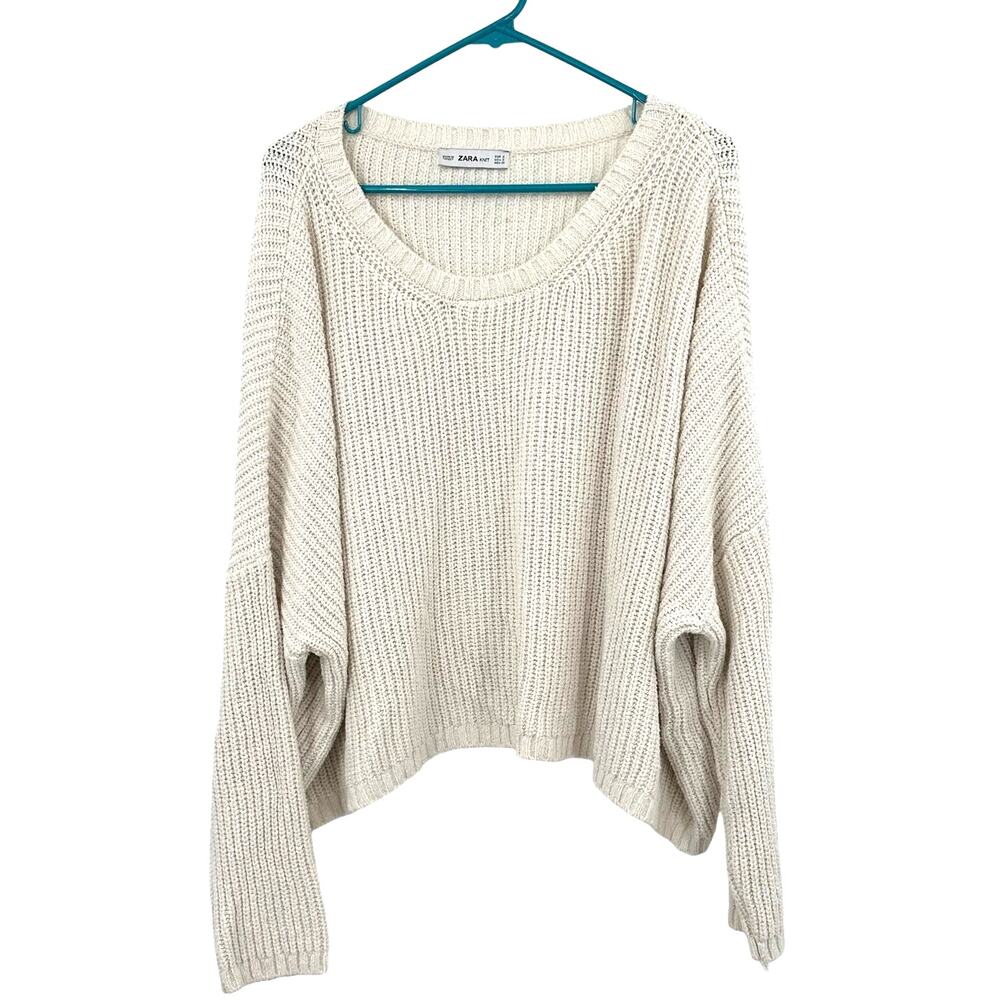 Zara Size Small Chunky Heavy Knit Sweater Cropped White Cream Oversized‎ Fit